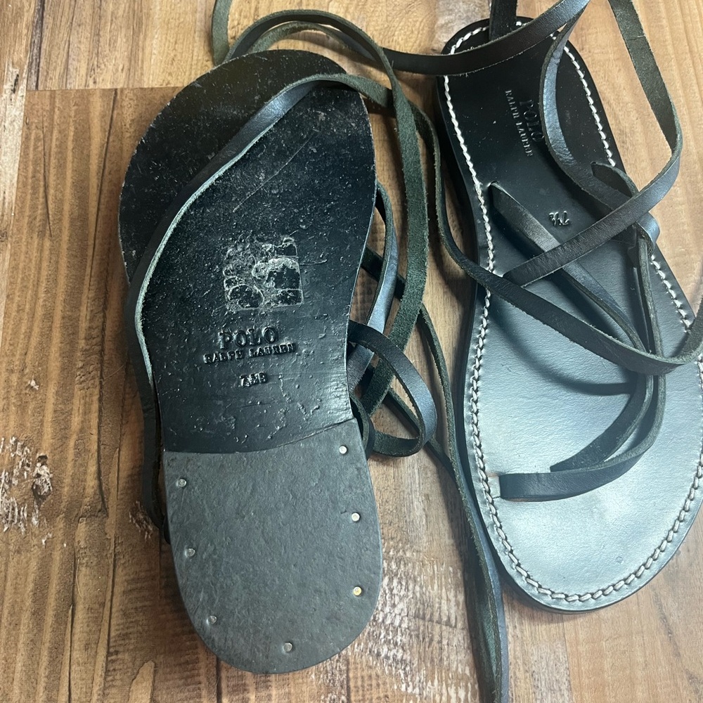 Polo Ralph Lauren 7.5 Gladiator Sandals Wrap Ankle Flats Tie Strappy Shoes Black - Picture 4 of 4